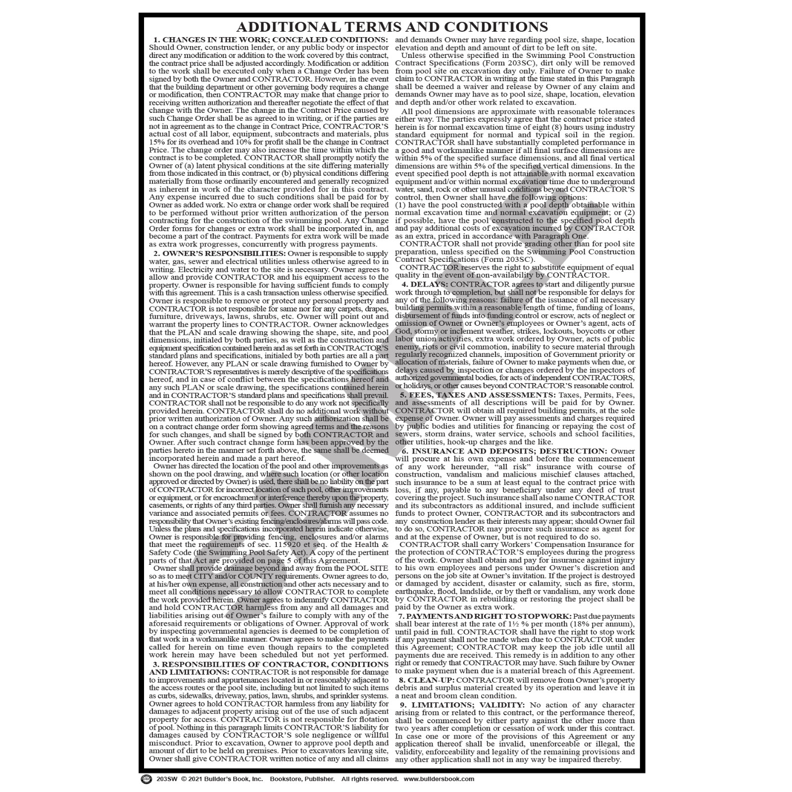 California Swimming Pool Construction Contract Form (Package of 25)