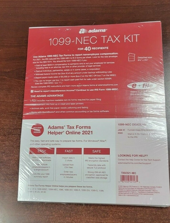 2021 40 RECIPIENT VENDOR ADAMS 1099-NEC IRS TAX FORM KIT LASER INKJET 1099 1096