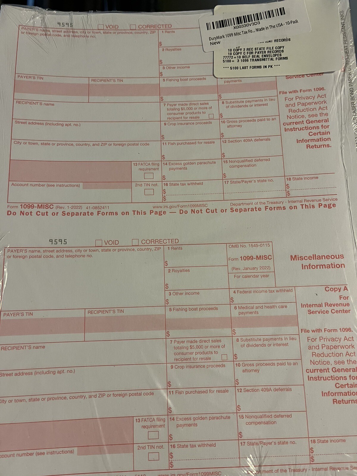 DuryMark 1099 Misc Tax Forms 2023 with Envelopes, 4 Part Tax Forms Kit for 10…