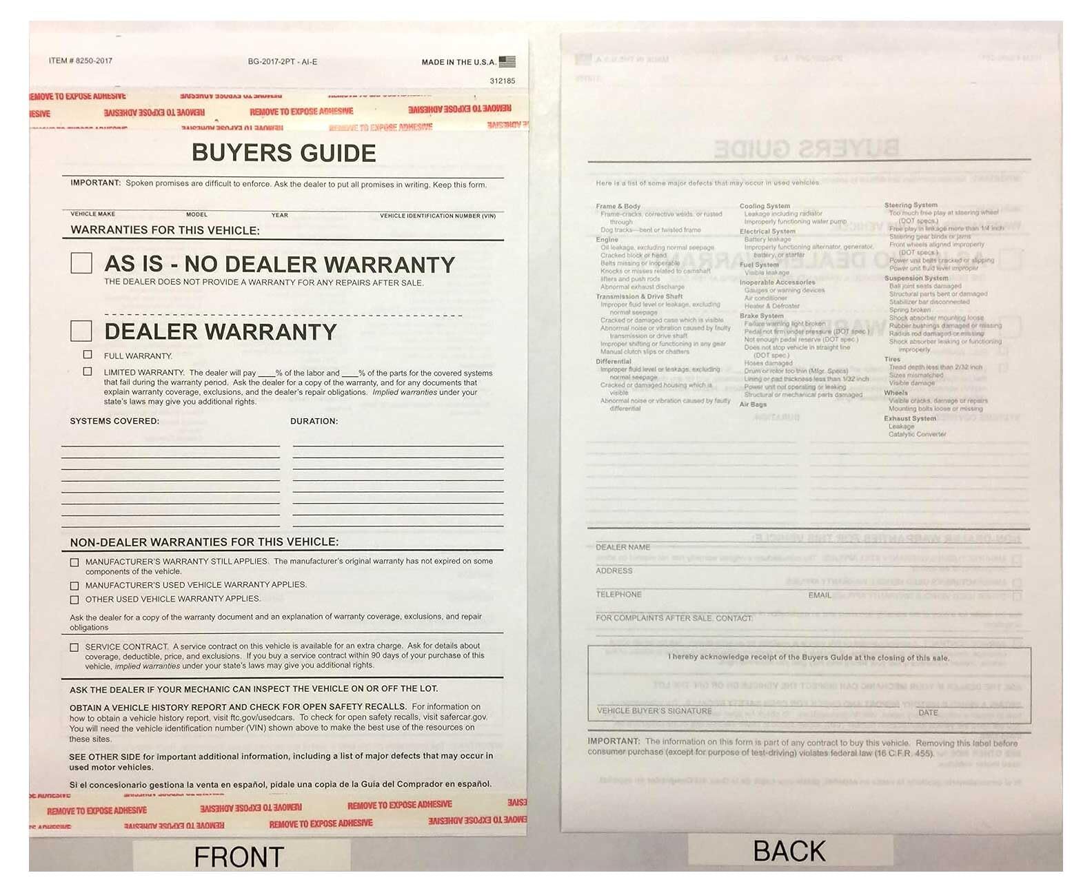 2-part Buyers Guide Form – Adhesive Tape – English – As Is – Warranty (100 Per