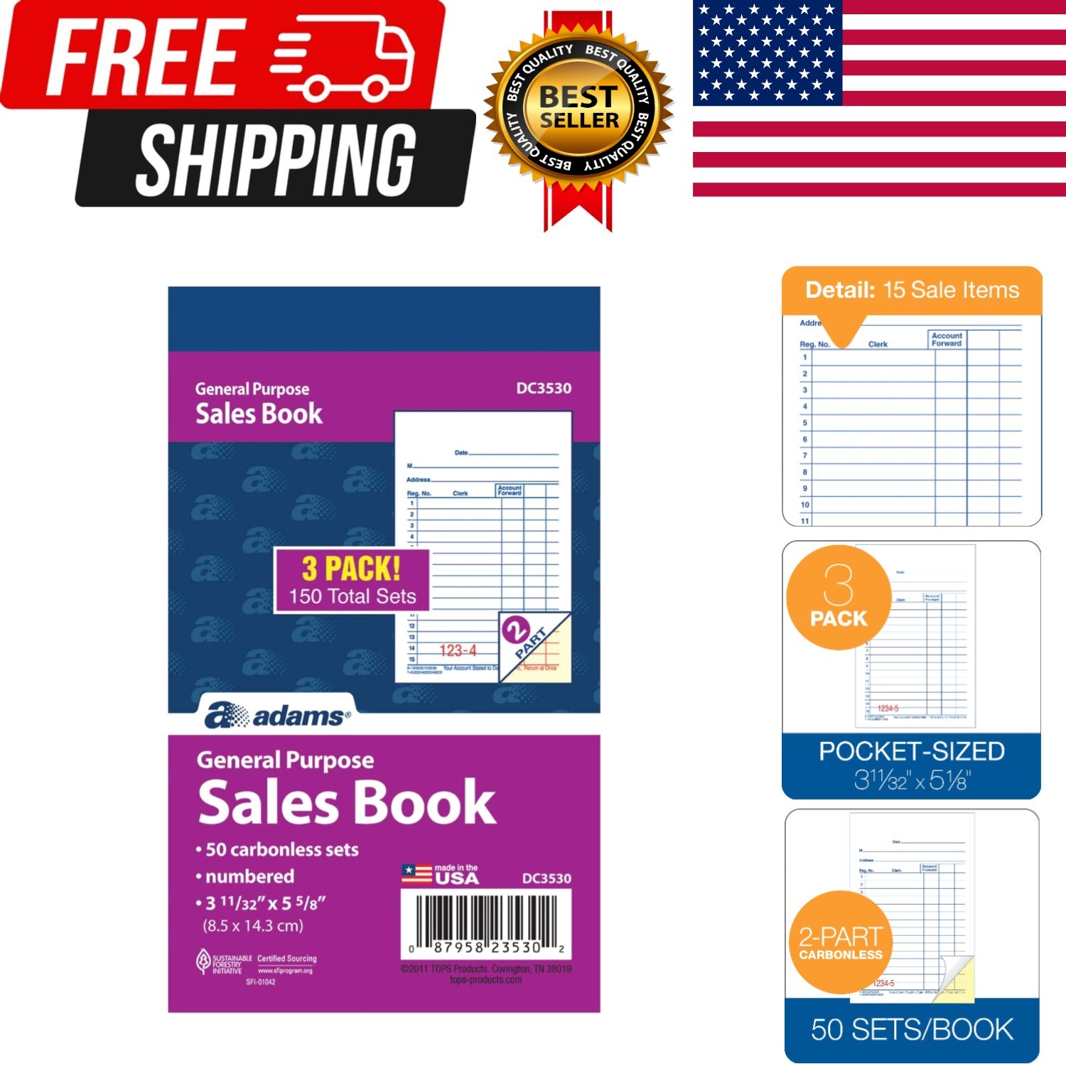 General Purpose Sales Book, 2-Part, Carbonless, White/Canary, 3-11/32 x 5-5/8…