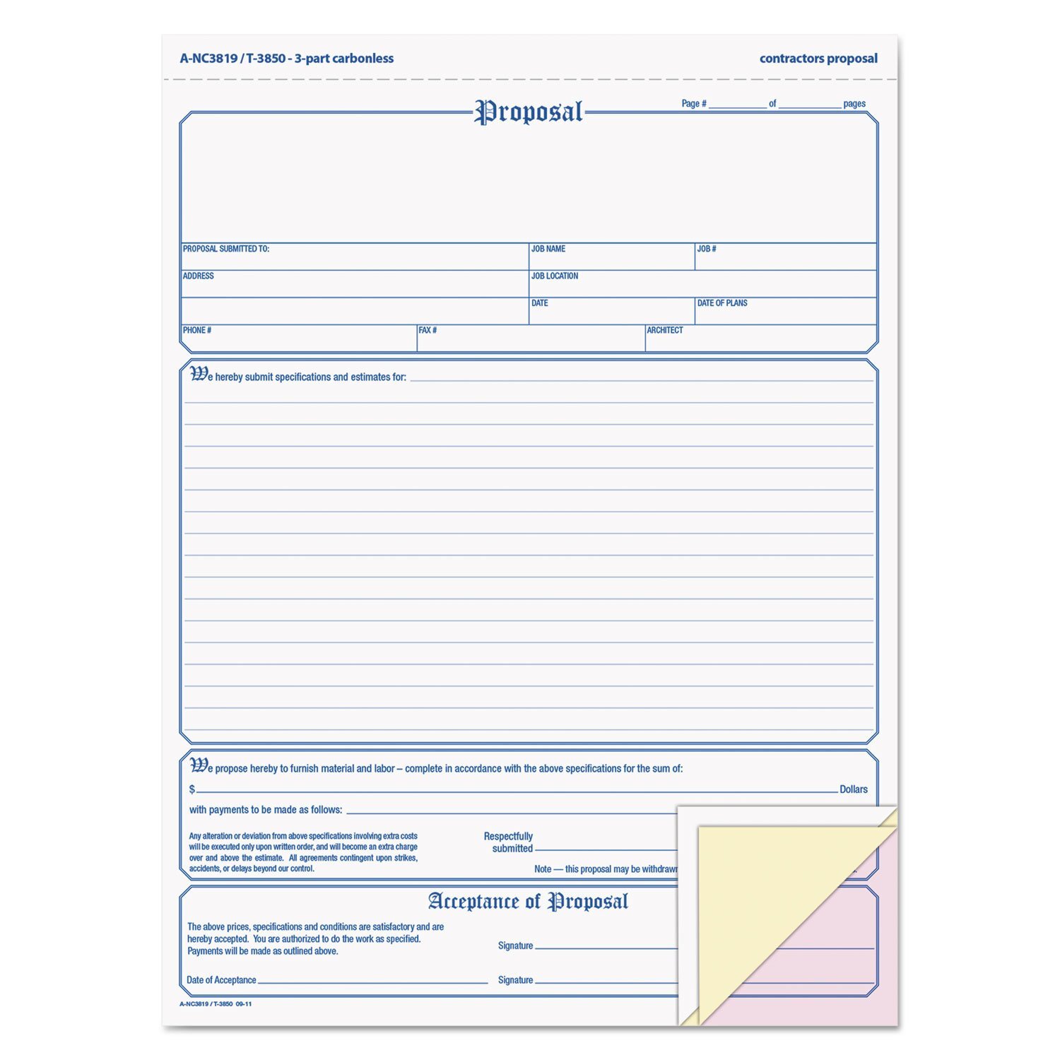 Adams Contractor Proposal Forms 50 Sets 8.5 x 11 Carbonless White Pink