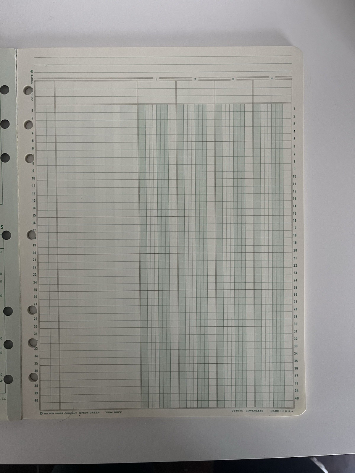 WILSON JONES Columnar Pad 1968, 50 Sheets, (Green G 7504, 4 Alt Shaded Columns)