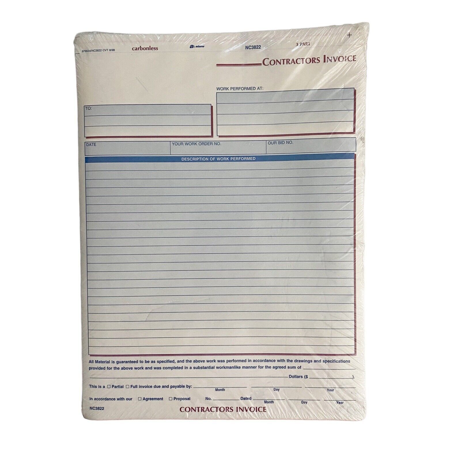 Adams Contractor Invoice Forms, 8.5 x 11.44 Inch, 3-Part, Carbonless, 100-Pack,