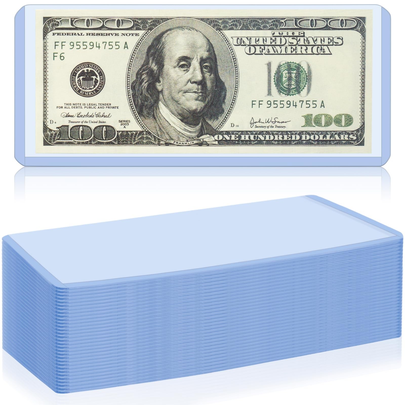 30 Pack Dollar Bill Sleeves – 6.8″ x 2.9″ Clear Currency Sleeves, Hard Blue