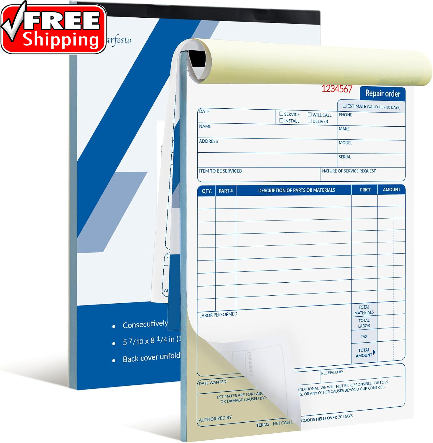 Repair Order Book, 2 Part Carbonless Job Work Order Forms – White/Yellow, 5-7/10