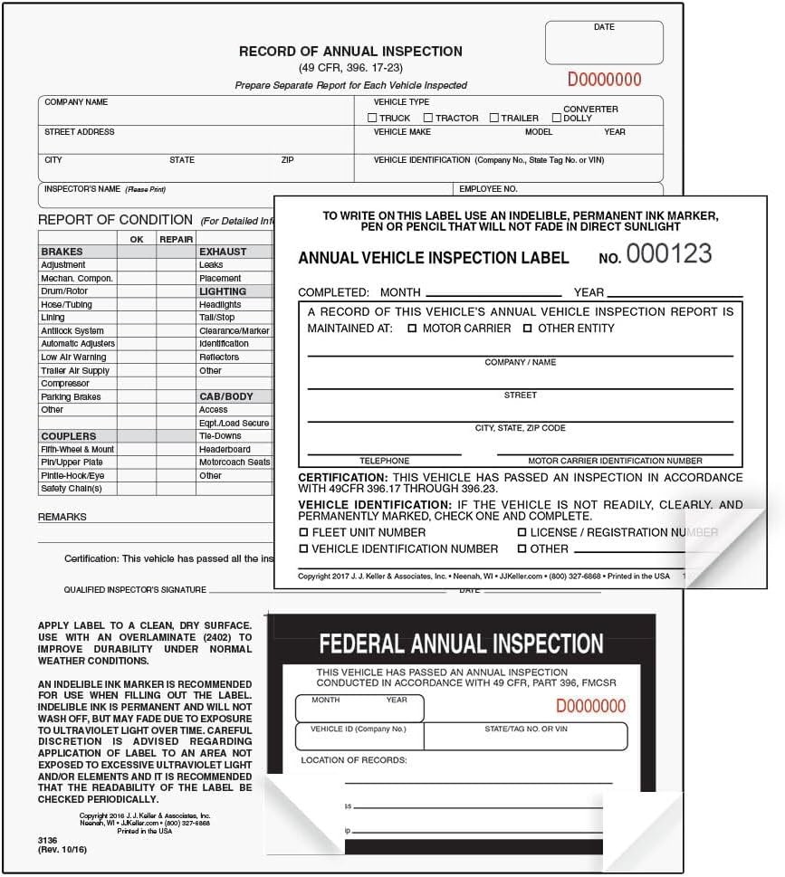 J. J. Keller 10-Pack, Record of Annual Inspection Form with Inspection Label …
