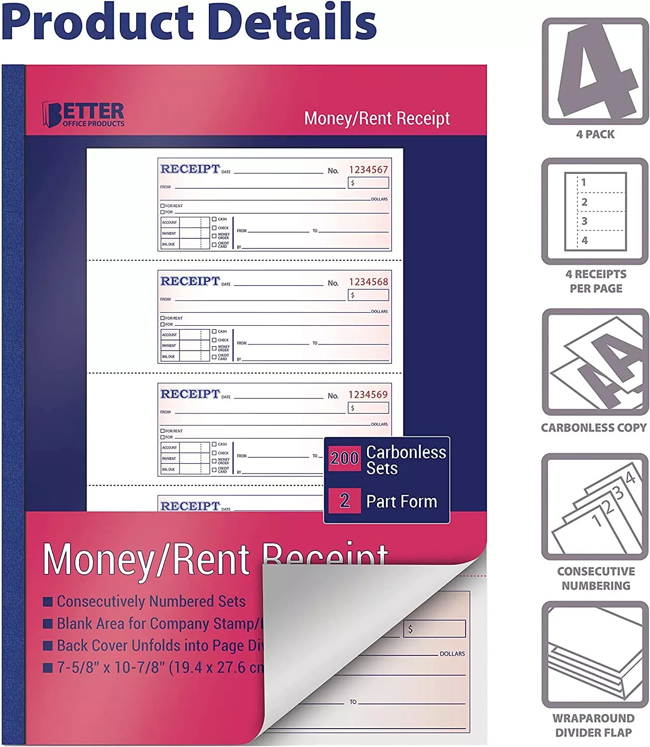Better Office Products Cash Money and Rent Receipt Books, 4 Pack, Large Size, 2-