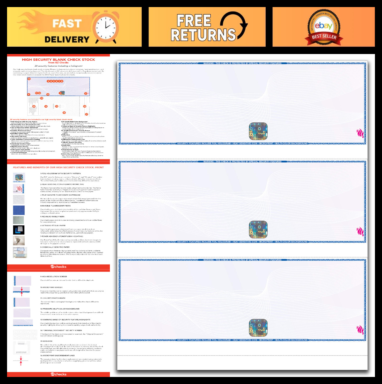 High Security Laser Check Stock – 150 Sheets, 450 Checks, Hologram, 3 Per Page,