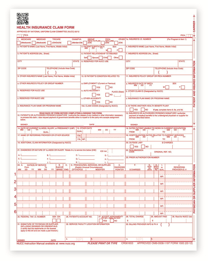 NEW CMS 1500 Claim Forms – HCFA (Version 02/12) (250 Sheets)