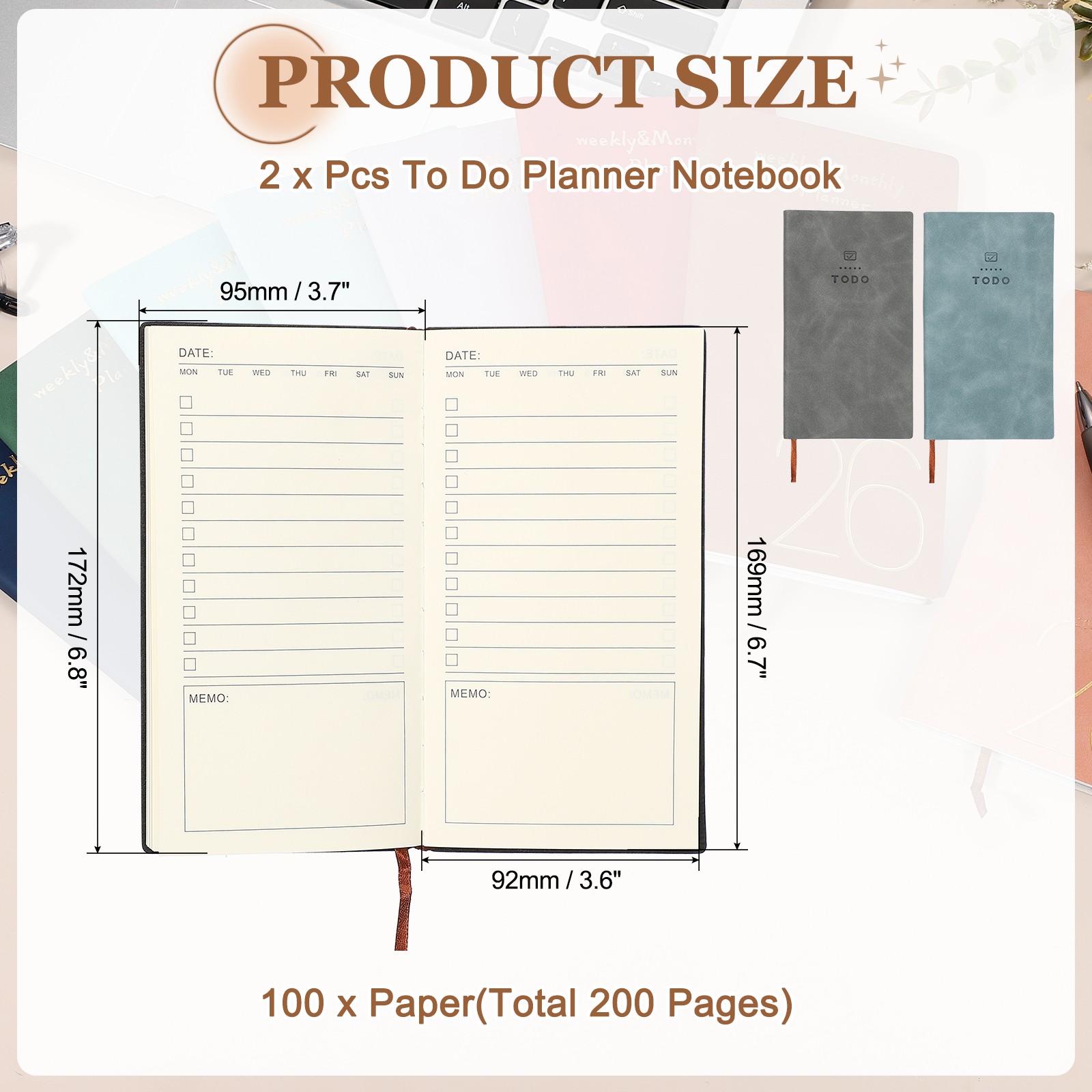 2Pcs to Do Notebook, A6 6.8 x 3.7″ Daily Planner Notebook, Sky Blue/Grey