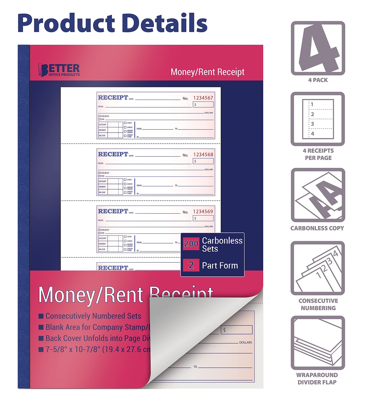 Better Office Products Cash Money and Rent 7-5/8 x 10-7/8 inches, Pink
