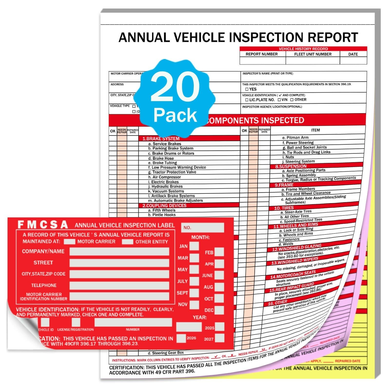 20-Pack Vehicle Inspection Report Forms, 3-Ply Carbonless, Durable, DOT Complian