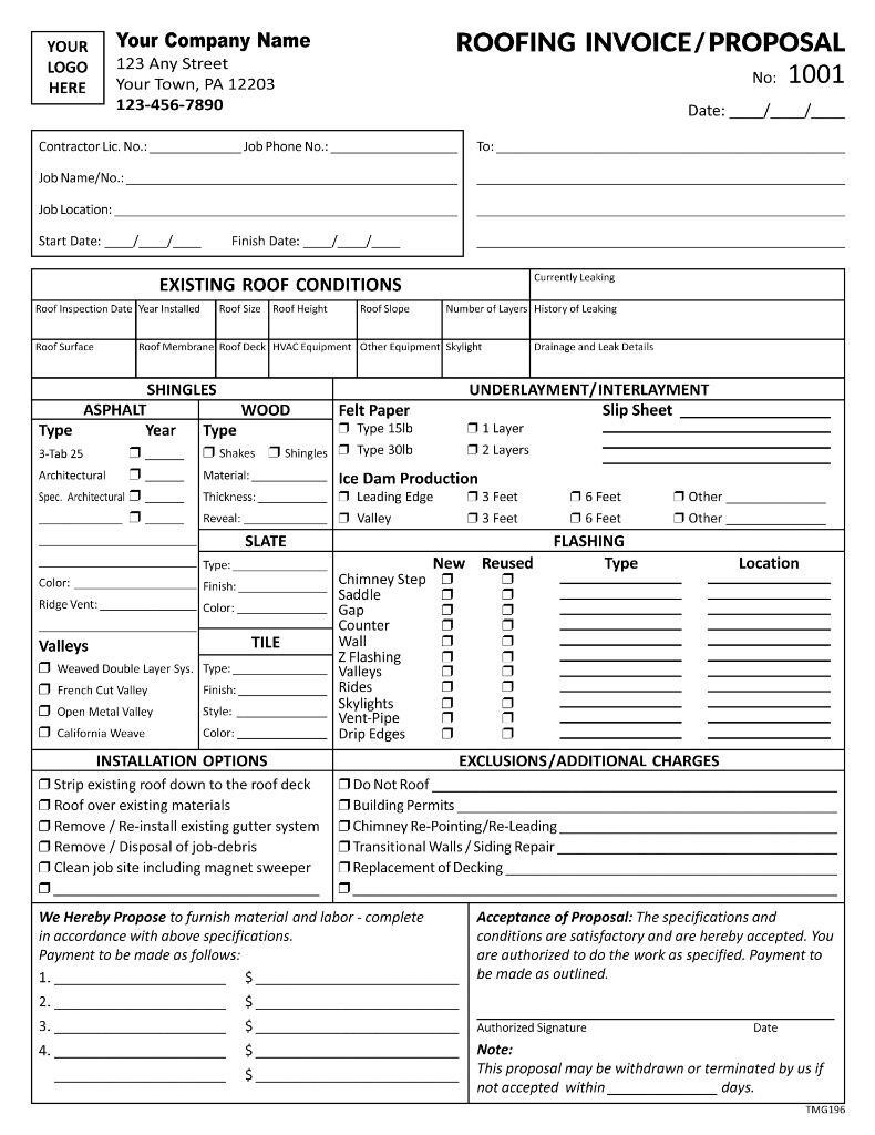 Custom Roofing Invoice Proposal / 8.5 x 11 / 2 or 3 Part / TMG196