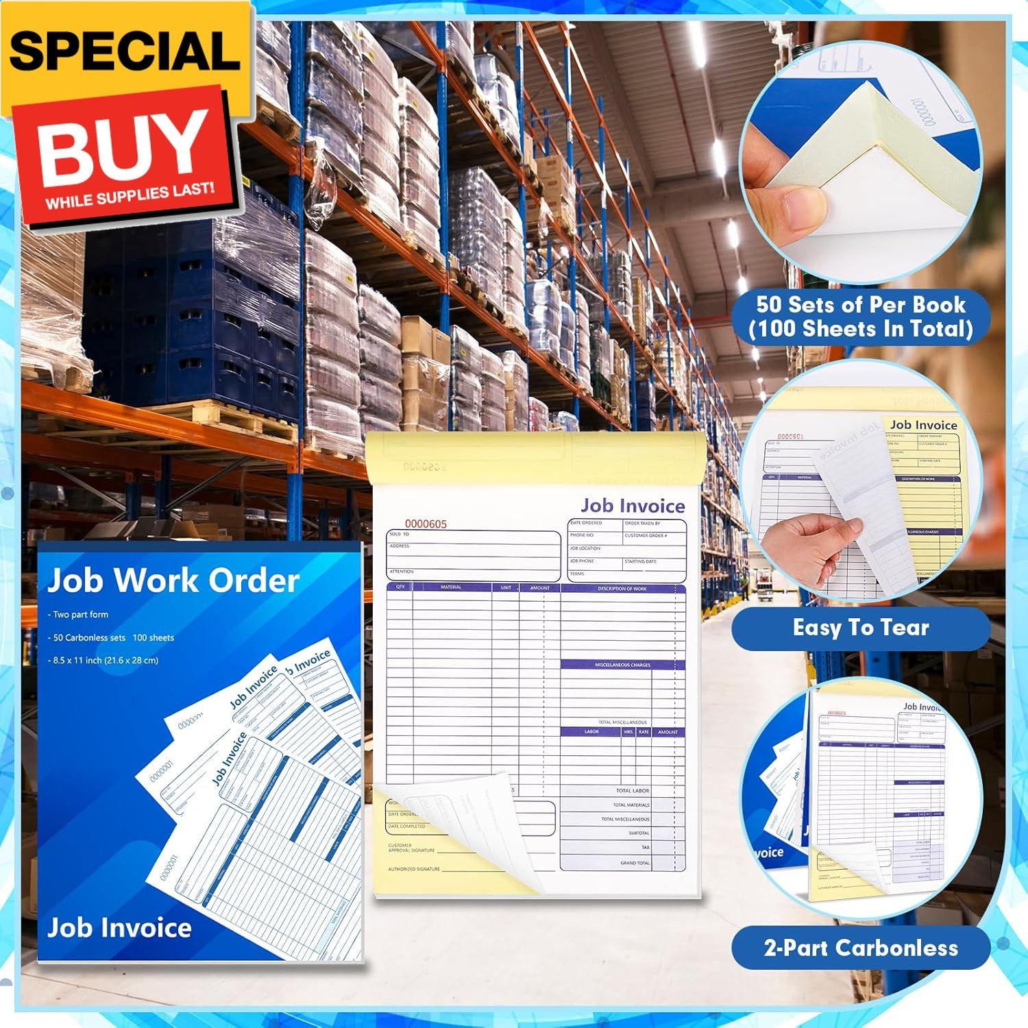 50 Set Job Work Order Forms Job Invoice Forms Invoice Receipt Book Contractor 8.