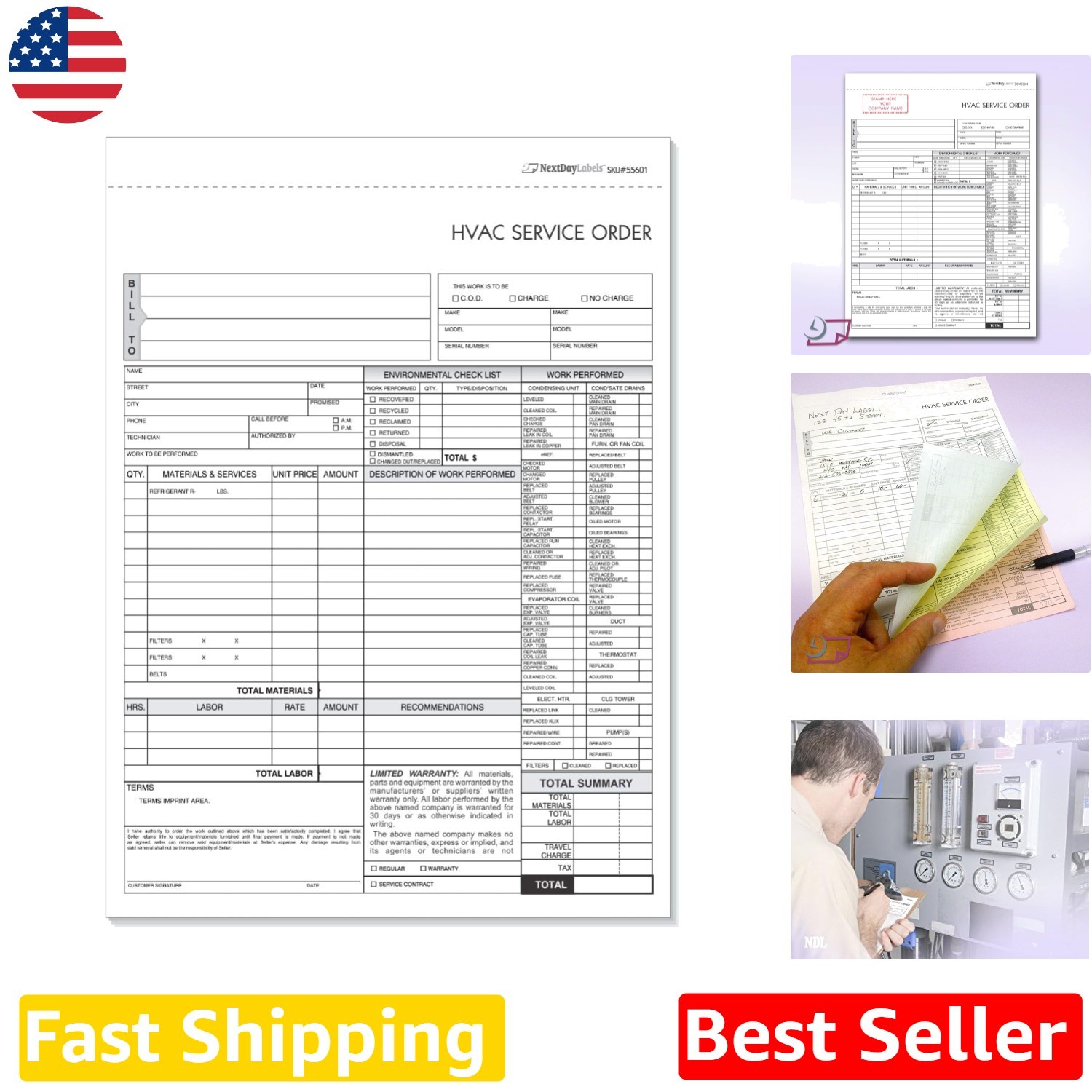 HVAC Service Order Invoice 3-Part Carbonless Forms – 100 Sets, No Company Name