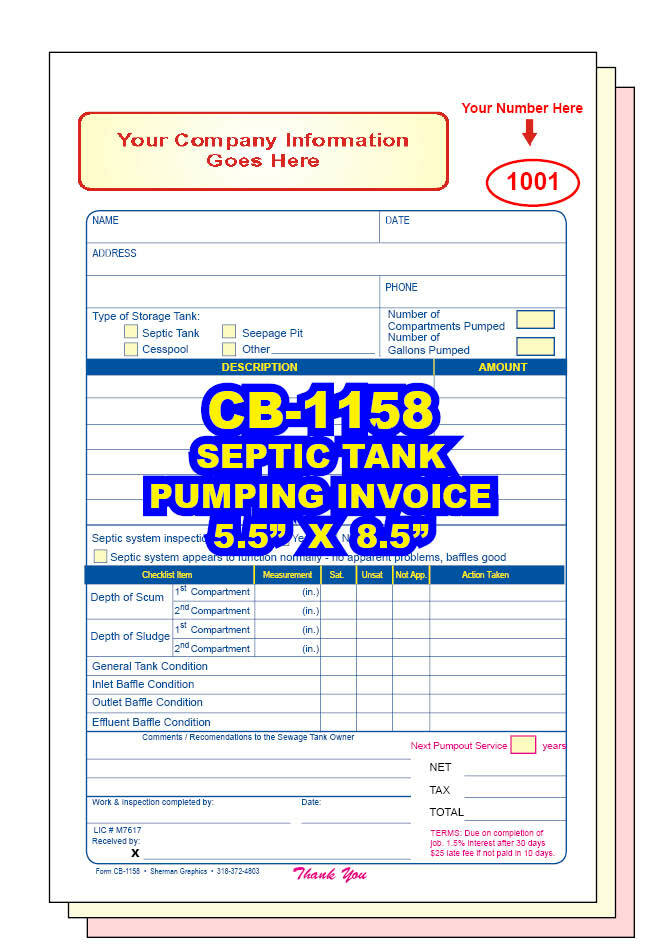 Septic Tank Pumping Invoice 2 or 3 Part Carbonless