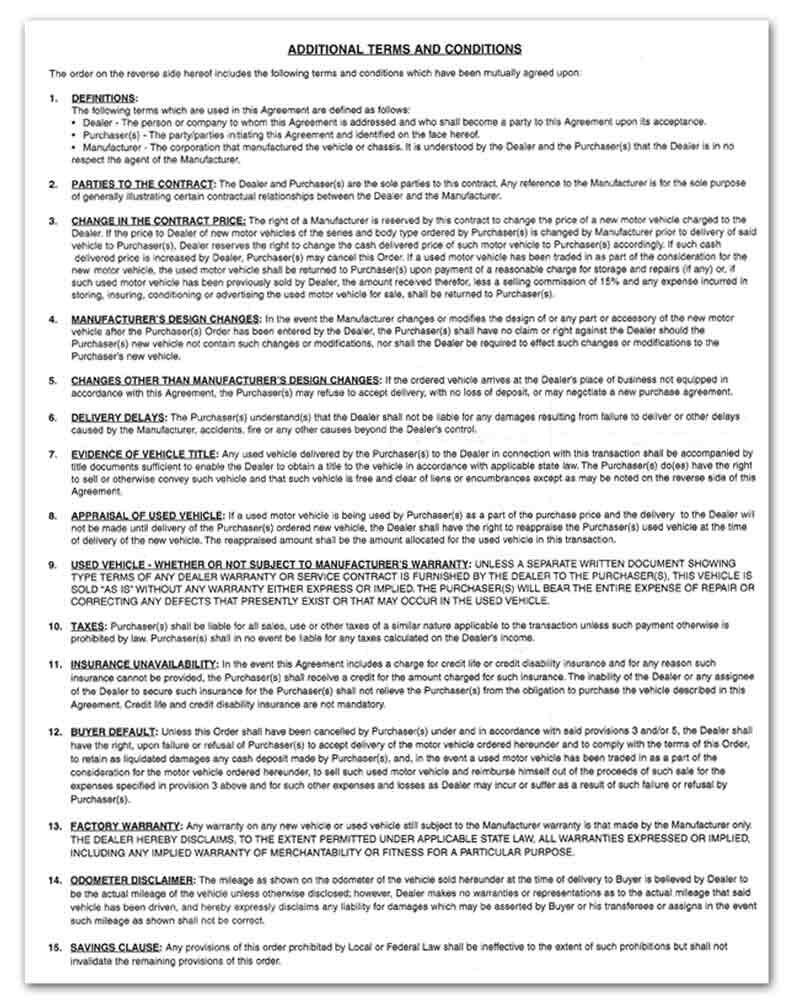 Vehicle Purchase Agreement Forms 2-Part 100 per Pack