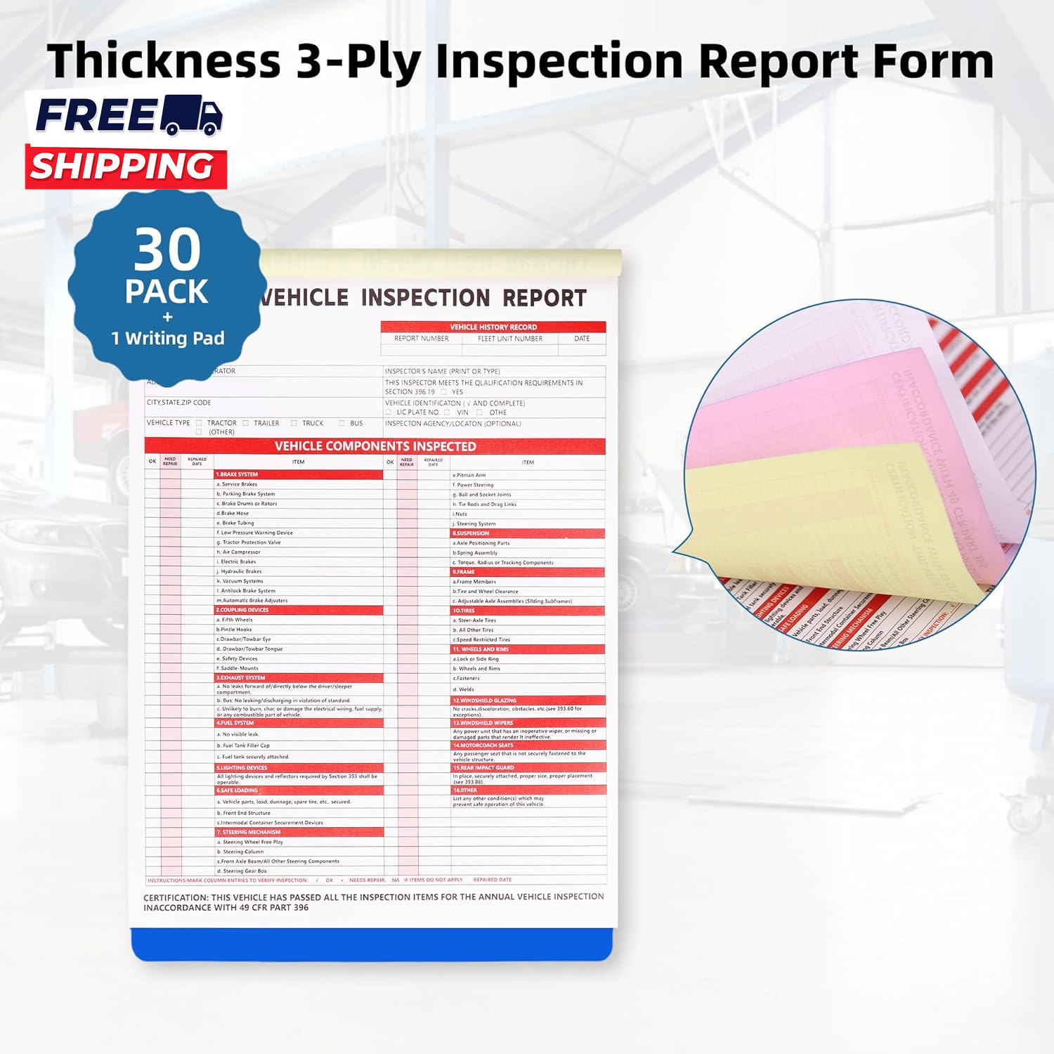 Annual Vehicle Inspection Report Form 3 Ply Carbonless Form and Hardboard