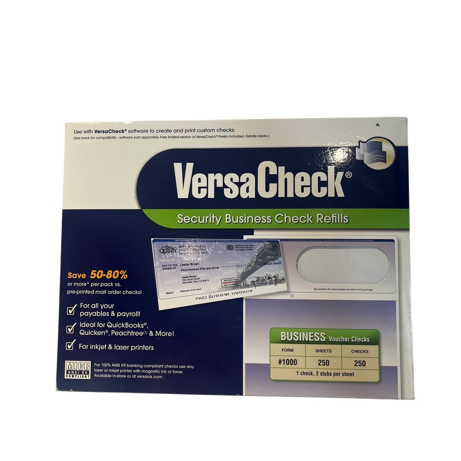 VersaCheck Secure Checks – 250 Blank Business Voucher Checks – Blue Classic – 25