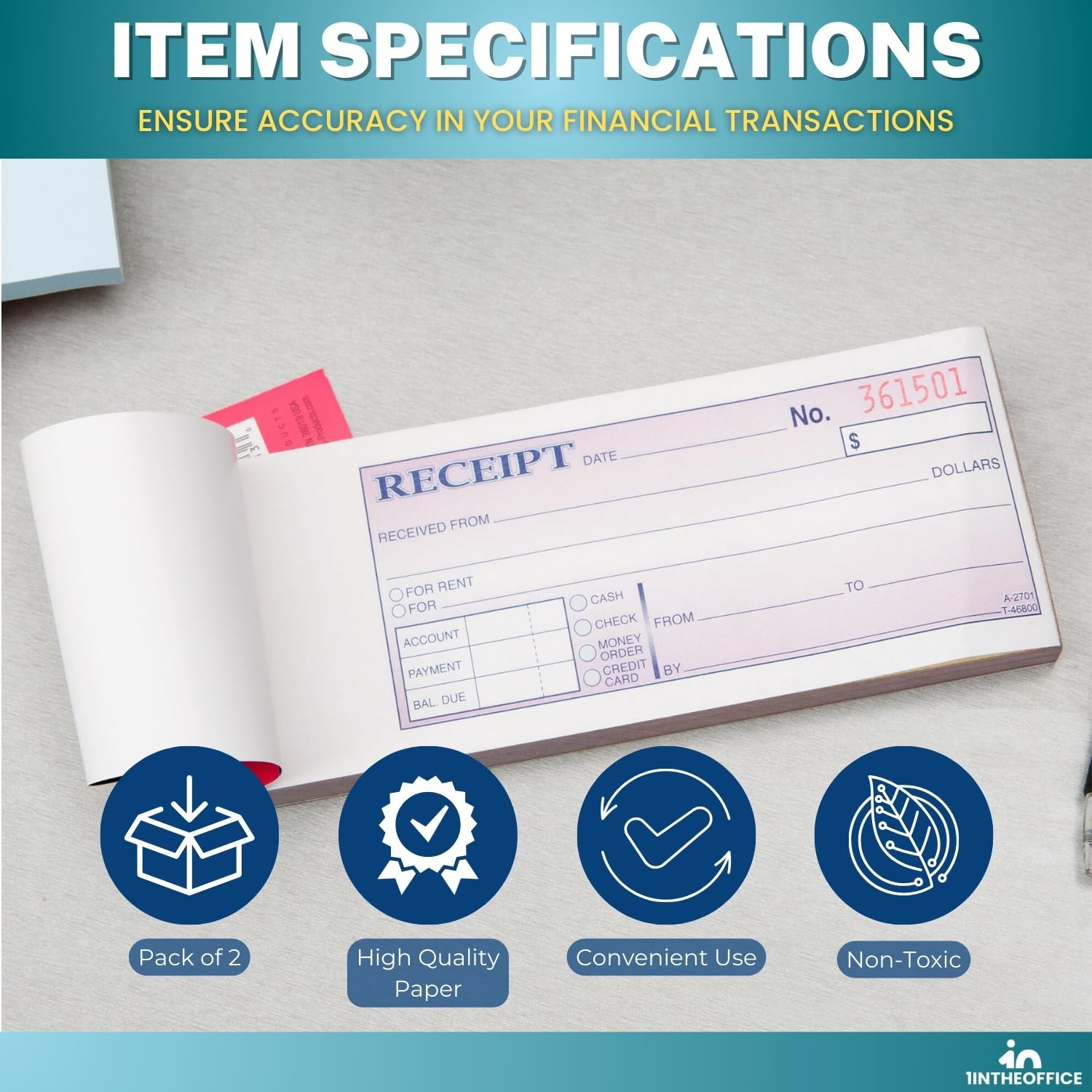 1InTheOffice Money and Rent Receipt, 2-3/4 x 7-3/16 Inches, 3-Parts, Carbonle…