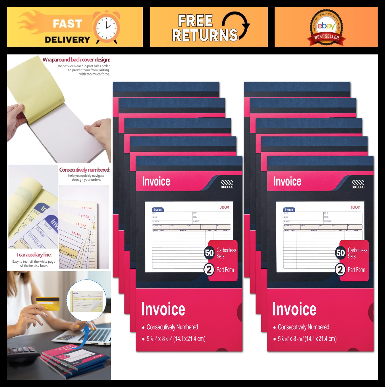 10 Pack Carbonless Invoice Book, 2-Part Receipt Book, 50 Sets, Small Business Us