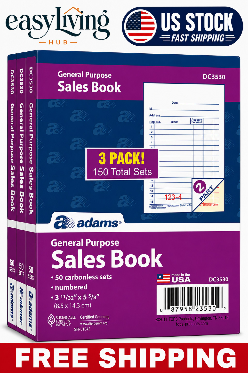 General Purpose Sales Book, 2-Part, Carbonless, White/Canary, 3-11/32 x 5-