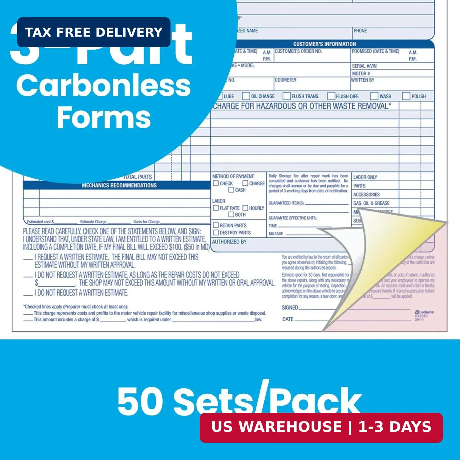 Adams Auto Repair Order Forms, 8.5 X 7.44, 3-Part, Carbonless, 50-Pack (GT3870)