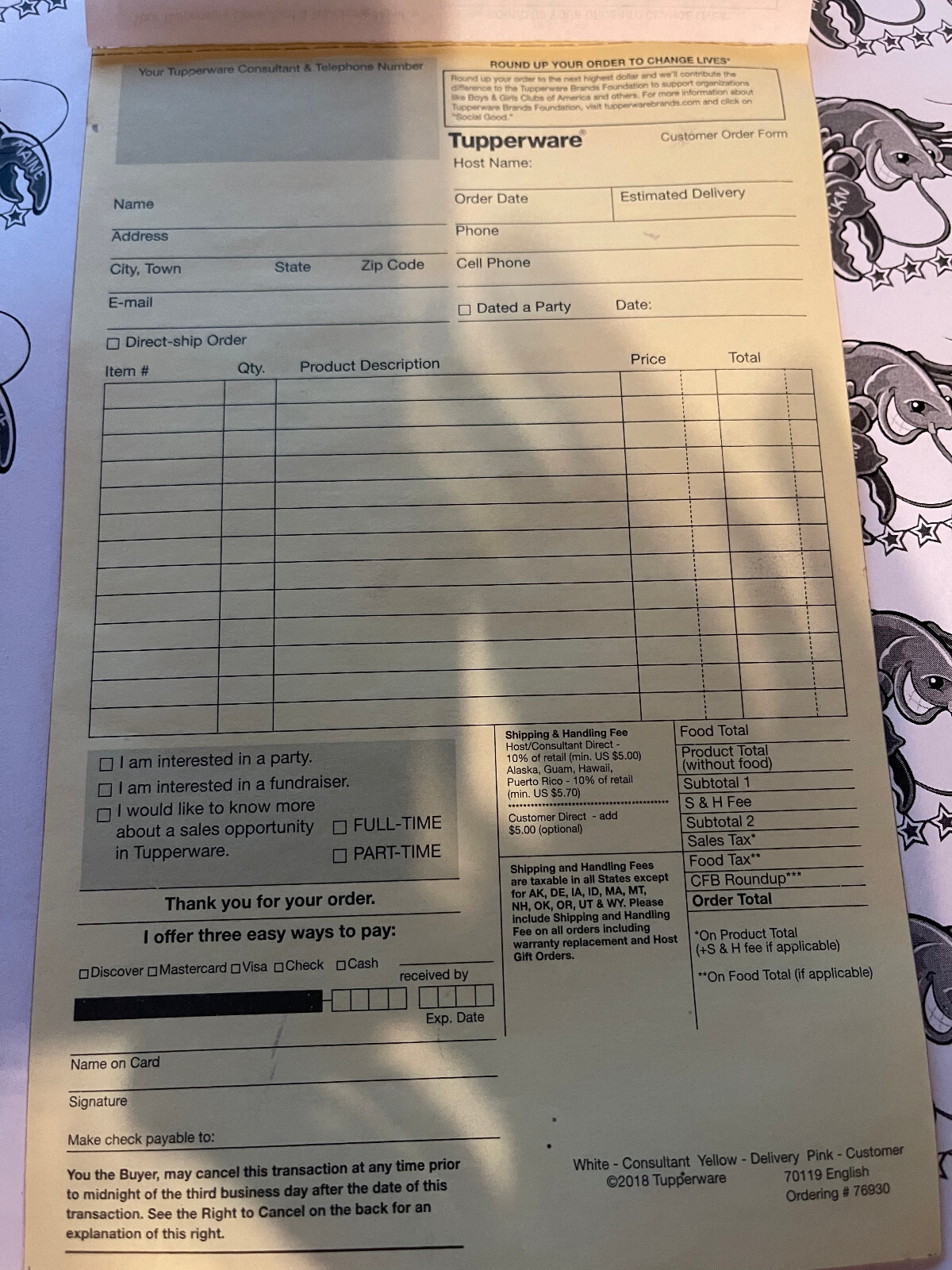 Tupperware Customer Order Forms Carbon Copy Yellow And Pink (1 PACK OF 50)