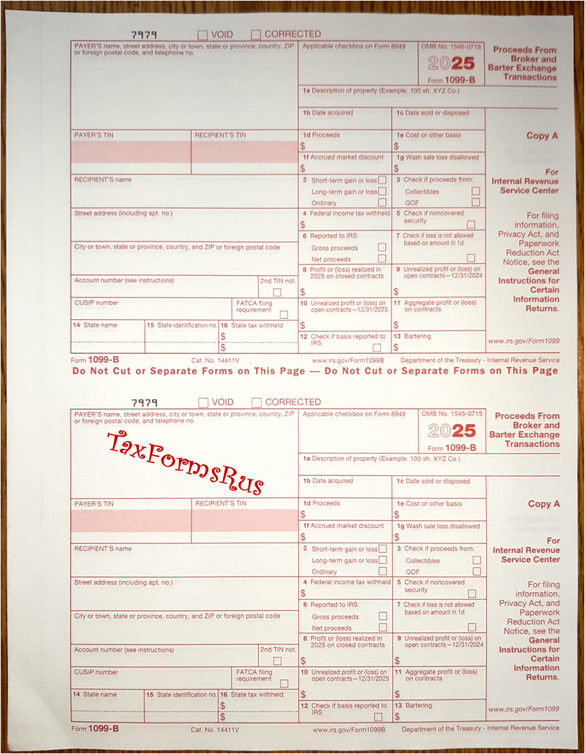 2025 IRS Tax Form 1099-B single sheet set for 2 recipients NONcarbonless 4pt 2up