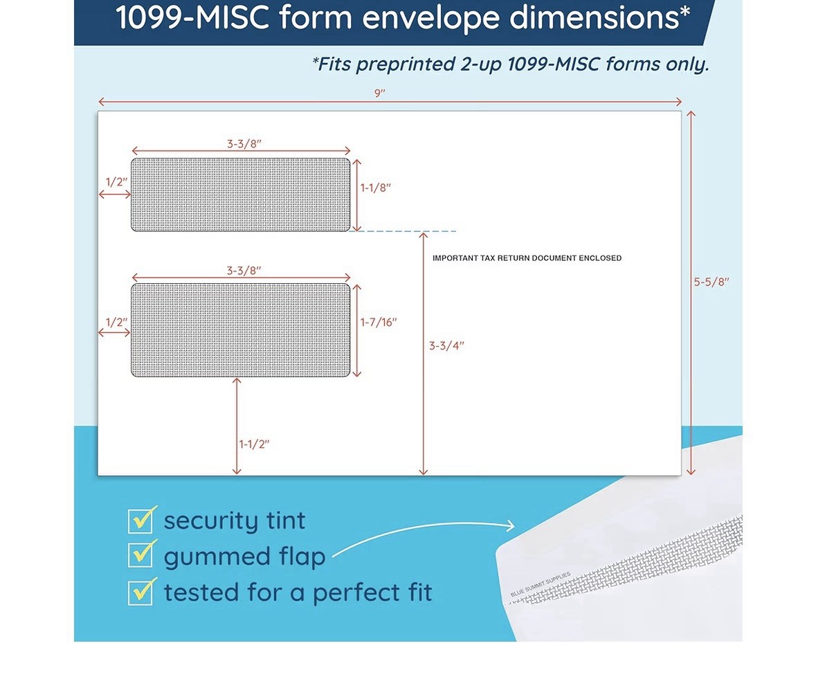 50 count Blue Summit 1099 Form Envelopes 5/8 Inch x 9 Inch, Gummed Flap