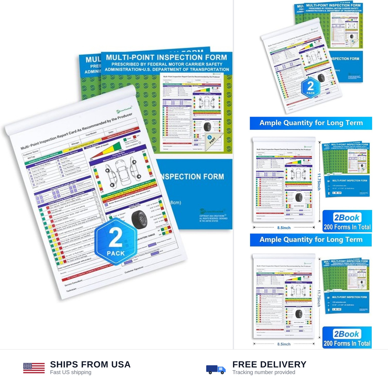 200 Sets Multi-Point Automotive/Vehicle Inspection Report Forms 2-ply Carbonl…