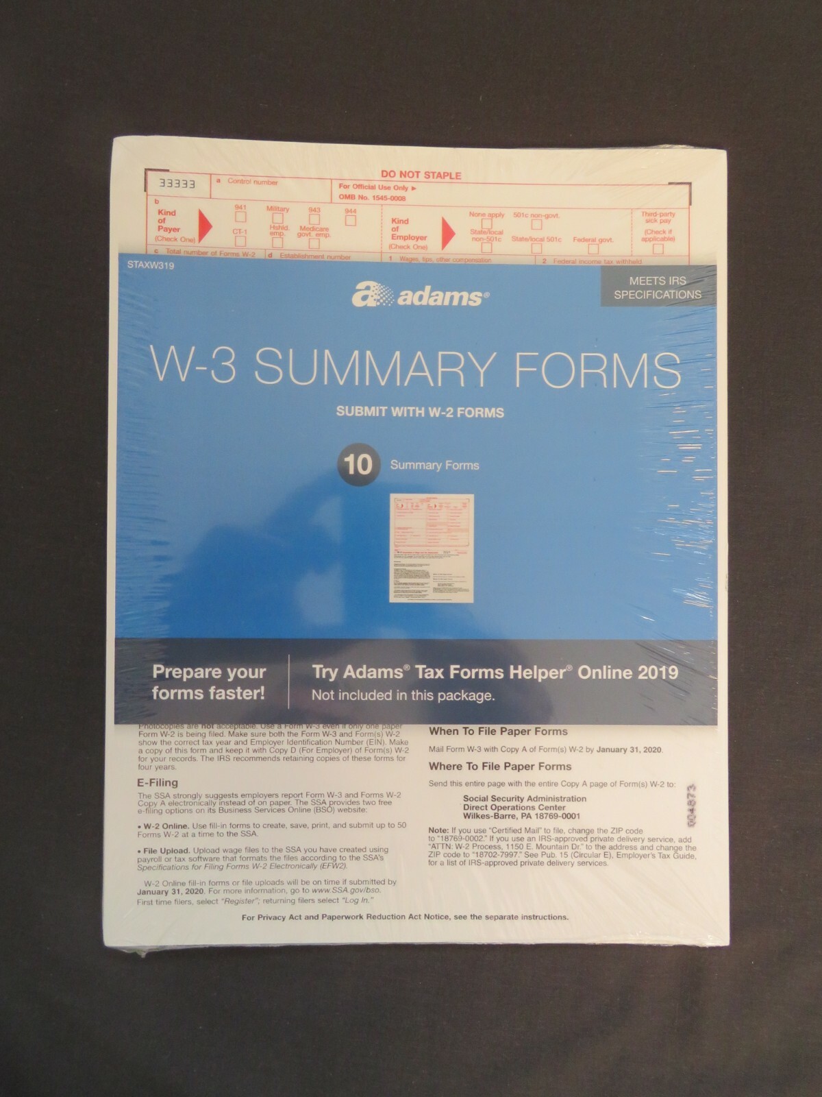 2019 Adams 10 W-3 Summary Forms Meets IRS Specifications