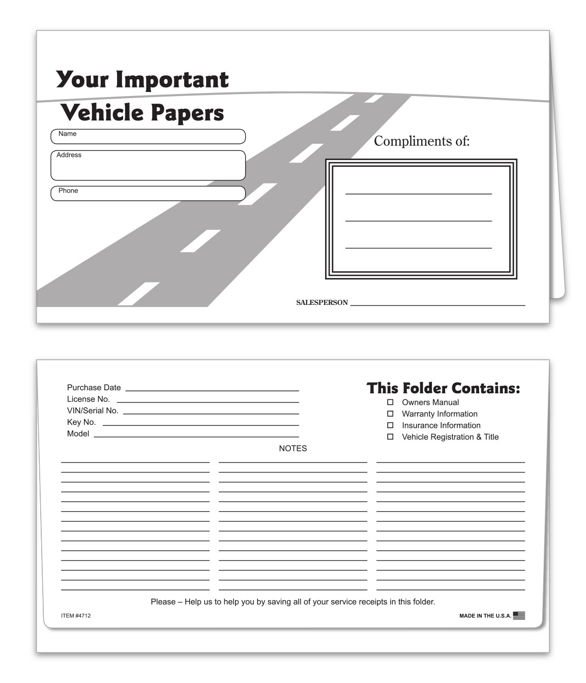 Black Road Vehicle Paper Wallets – 6″ x 10.5″, 65# White Stock Document Holders