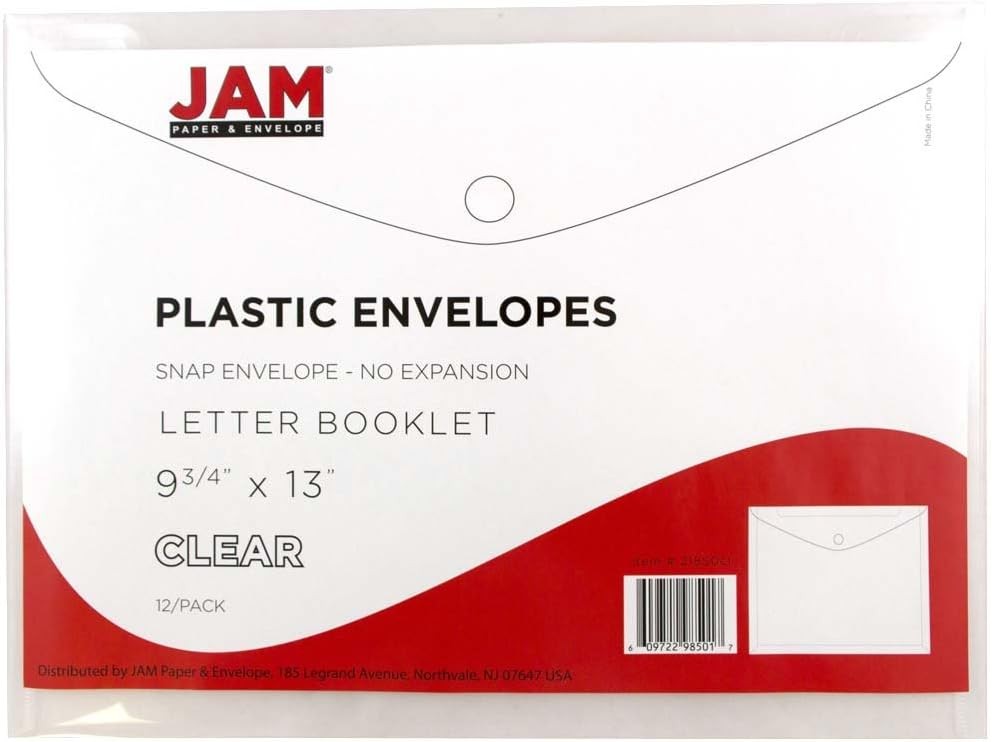 JAM PAPER Plastic Envelopes with Snap Closure – Letter Size, Clear