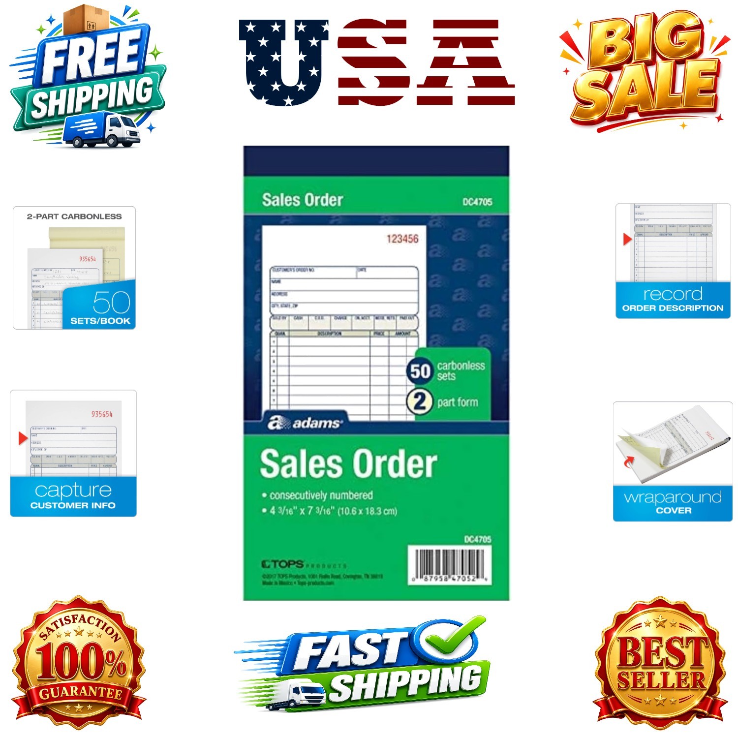 Sales Order Books, 2-Part, Carbonless, White/Canary, 4-3/16″ x 7-3/16″, Bound…
