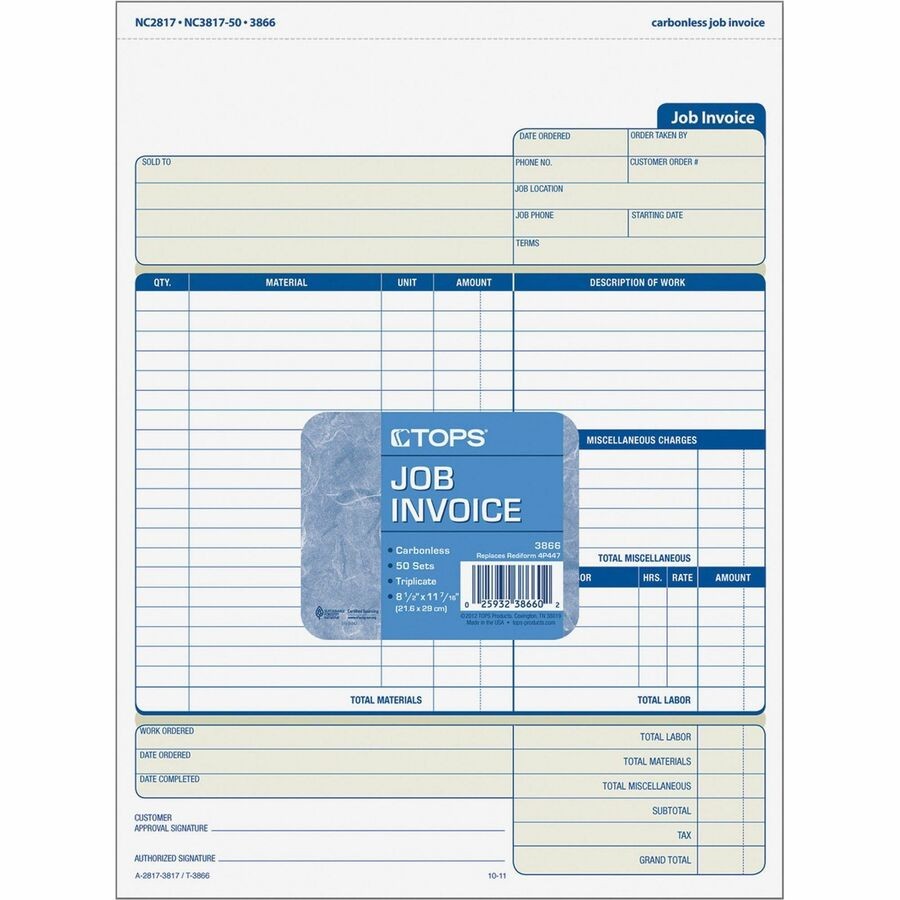 Cardinal Brands TOP3866 Job Invoice Forms 3-Part 11×8.5 Assorted