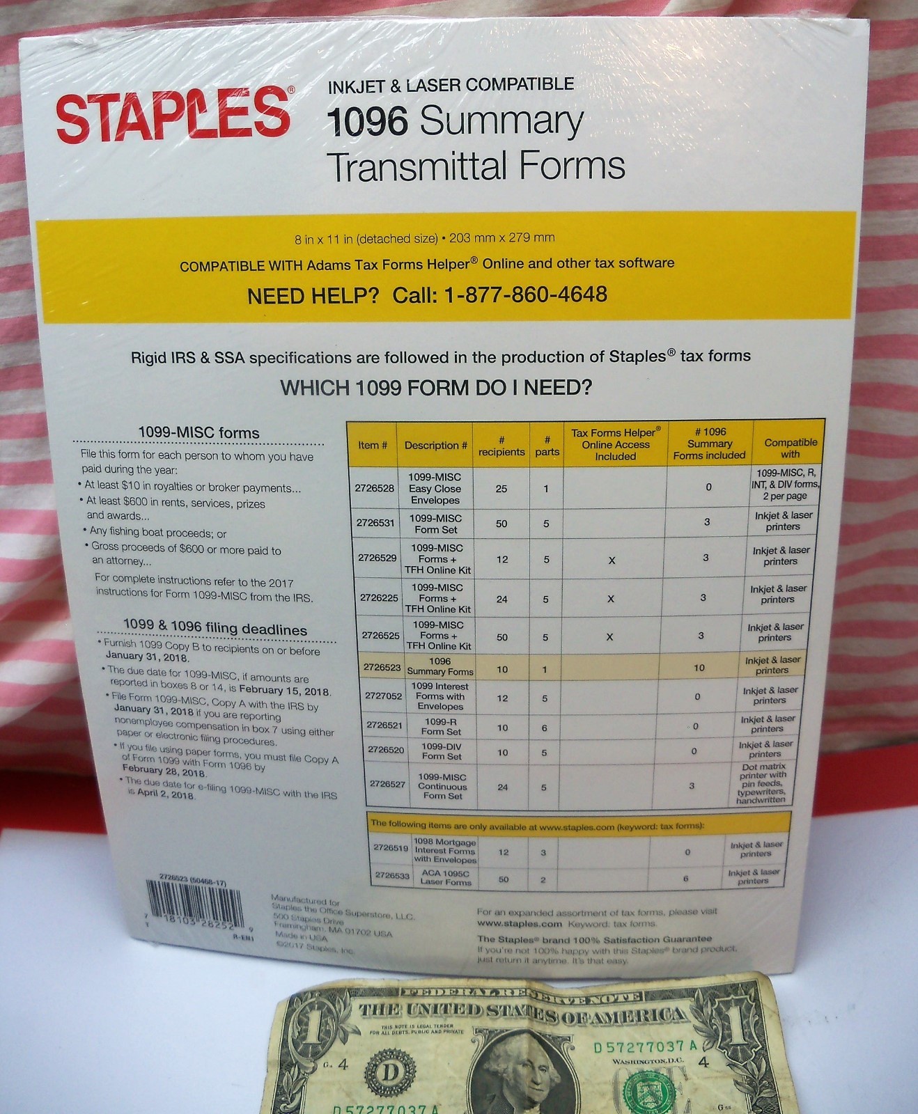 2017 Staples 1096 Summary Transmittal Forms 10 1-part Forms per Package USA NEW