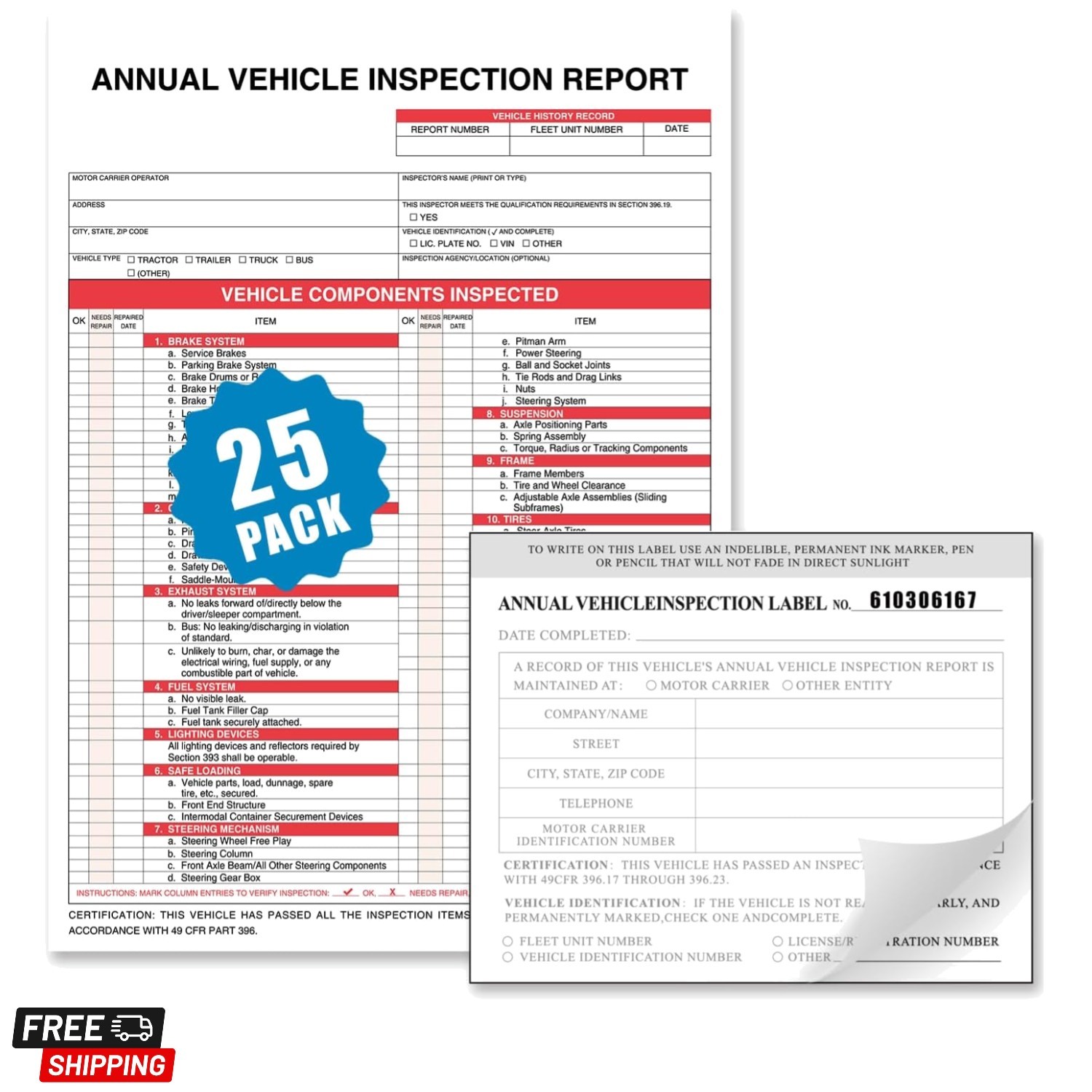 Annual Vehicle Inspection Report Form 25-pk 3-Ply Carbonless, 8.5″ x 11.75″ +…