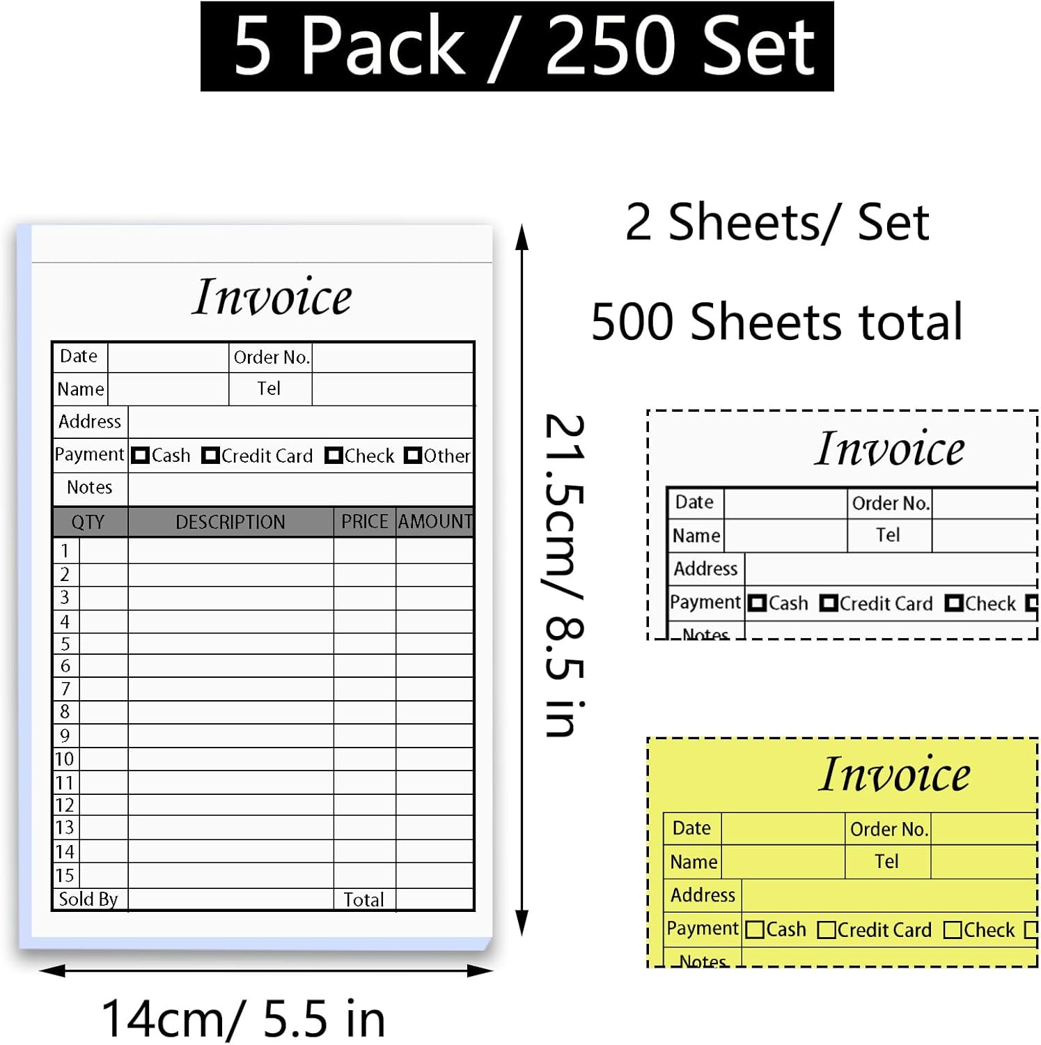 250 Sets Invoice Receipt Book for Small Business, 5.5 X 8.5 in Receipt Book with