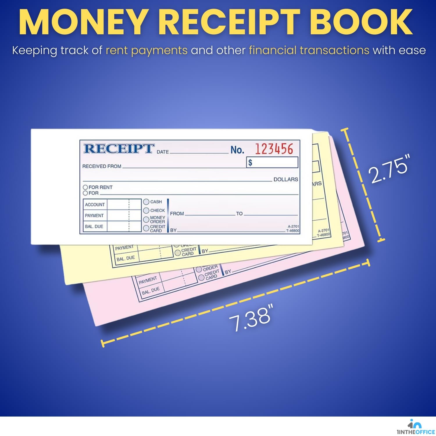 1InTheOffice Money and Rent Receipt, 2-3/4 x 7-3/16 Inches, 3-Parts, Carbonless,