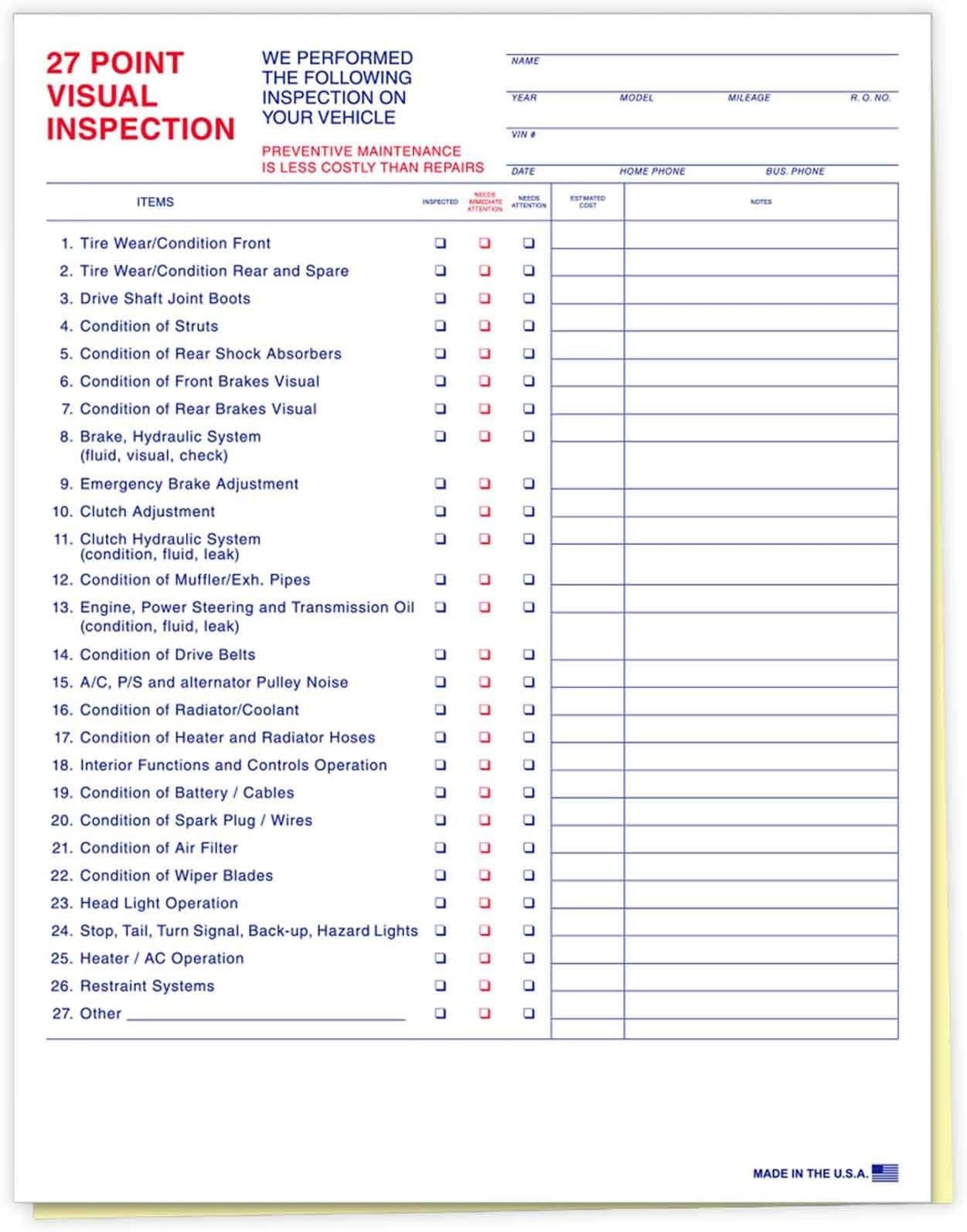 27 Point Inspection Sheet – Vehicle Inspection Form – 100 Pack