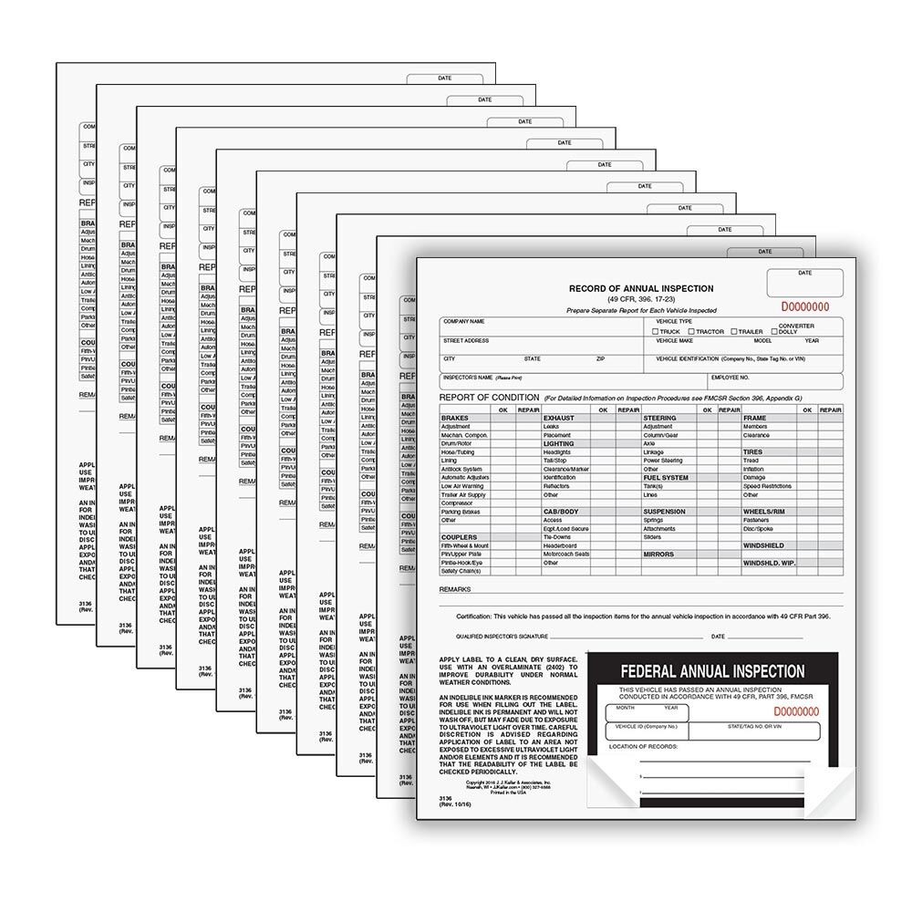 J. J. Keller Record of Annual Inspection + Decal 10-pk., 2-Ply, Carbonless,