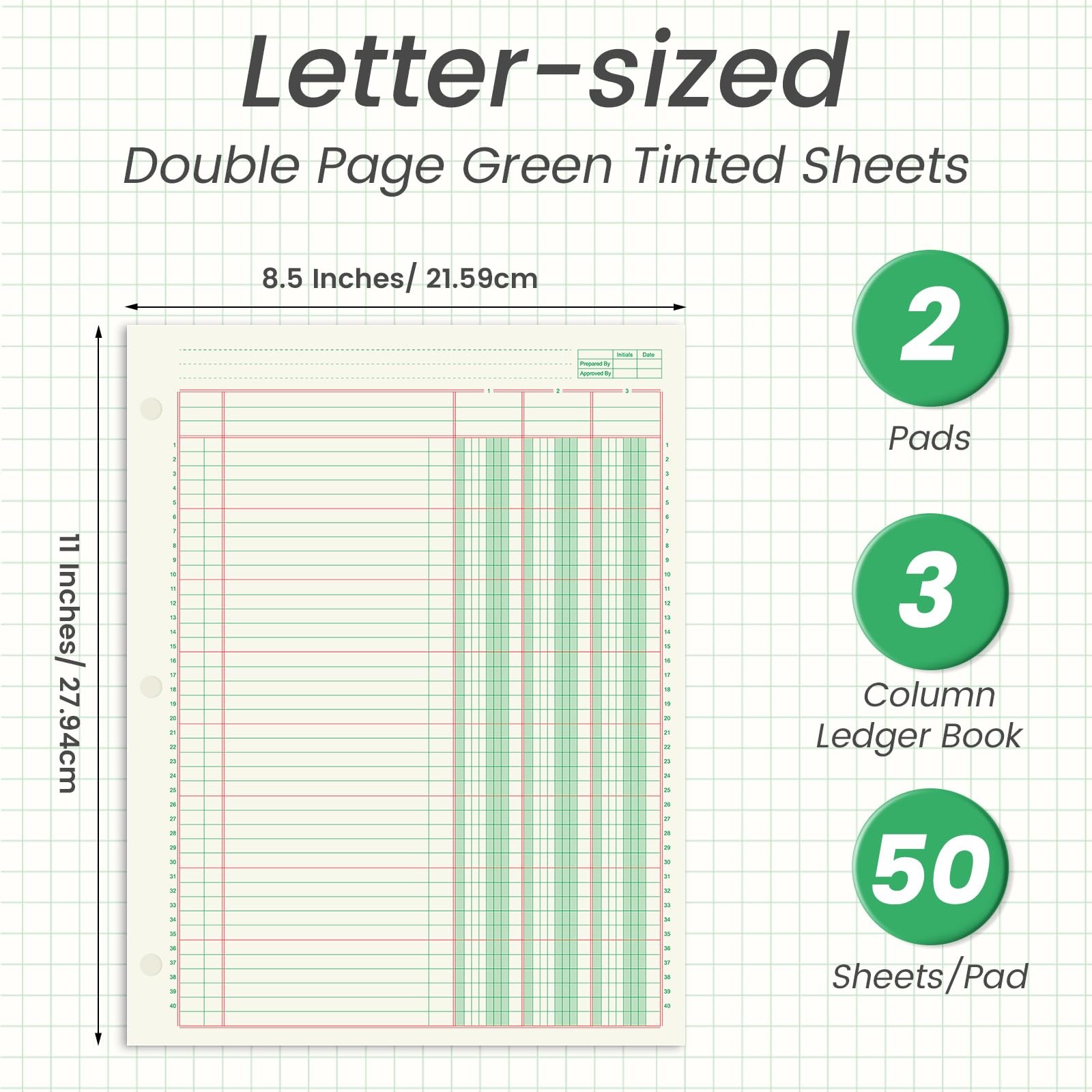 2 Pads 100 Sheets Columnar Analysis Pad 3 Column Ledger 8-1/2 x 11 Accounting