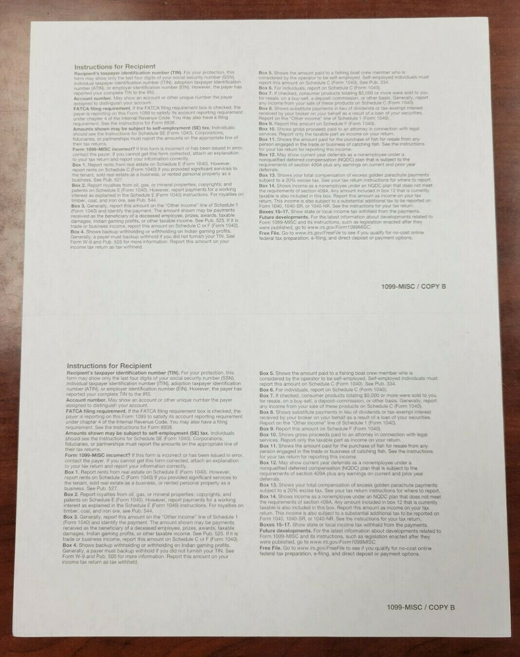 2021 Tax Form 1099 MISC Blank 2UP With Backer LASER – 20 Recipients
