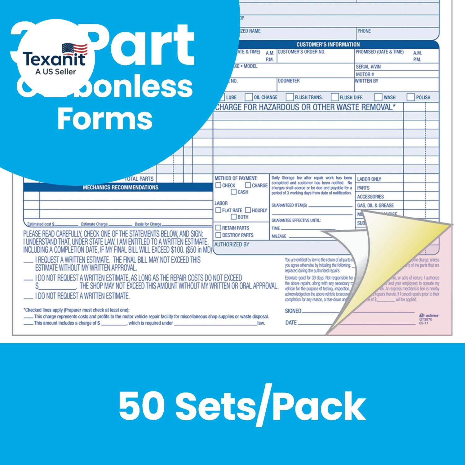 Auto Repair Order Forms, 8.5 X 7.44 Inch, 3-Part, Carbonless, 50-Pack, White and