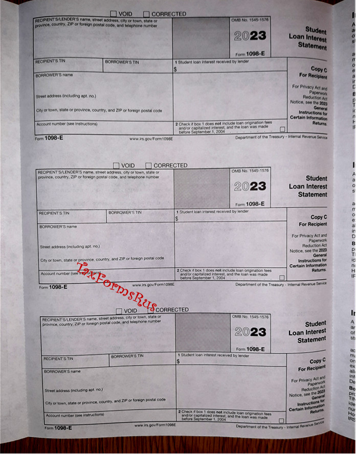 2023 IRS Tax Form 1098-E single sheet set for 3 borrowers, NONcarbonless 3pt 3up
