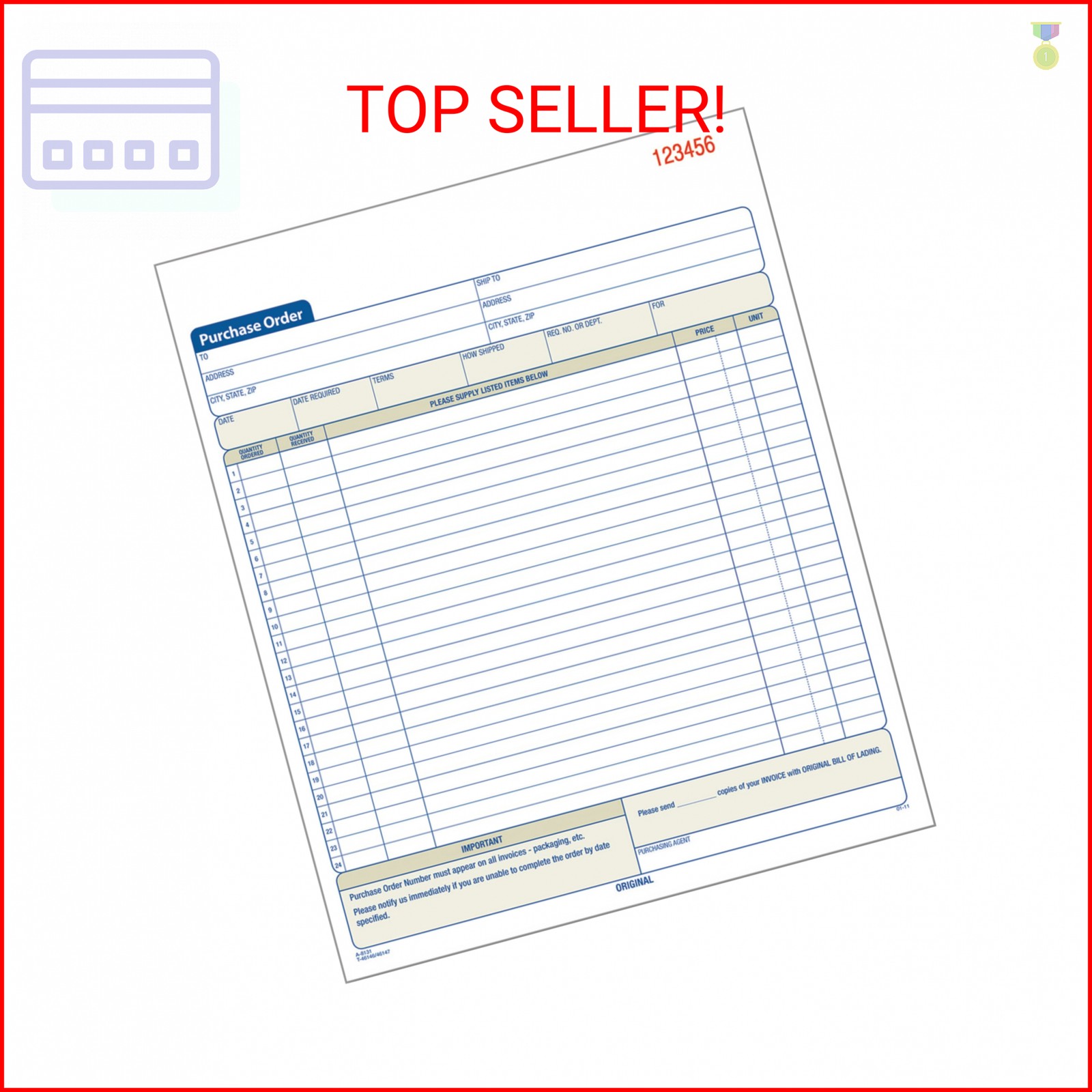 Adams Purchase Order Book, Carbonless, White/Canary, 2-Part, 8-3/8 x 10-11/16 In