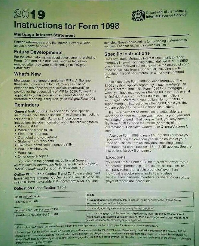 2019: 5 SHEETS 1098 IRS Mortgage Interest Statement & 3=1096 Transmittal Forms