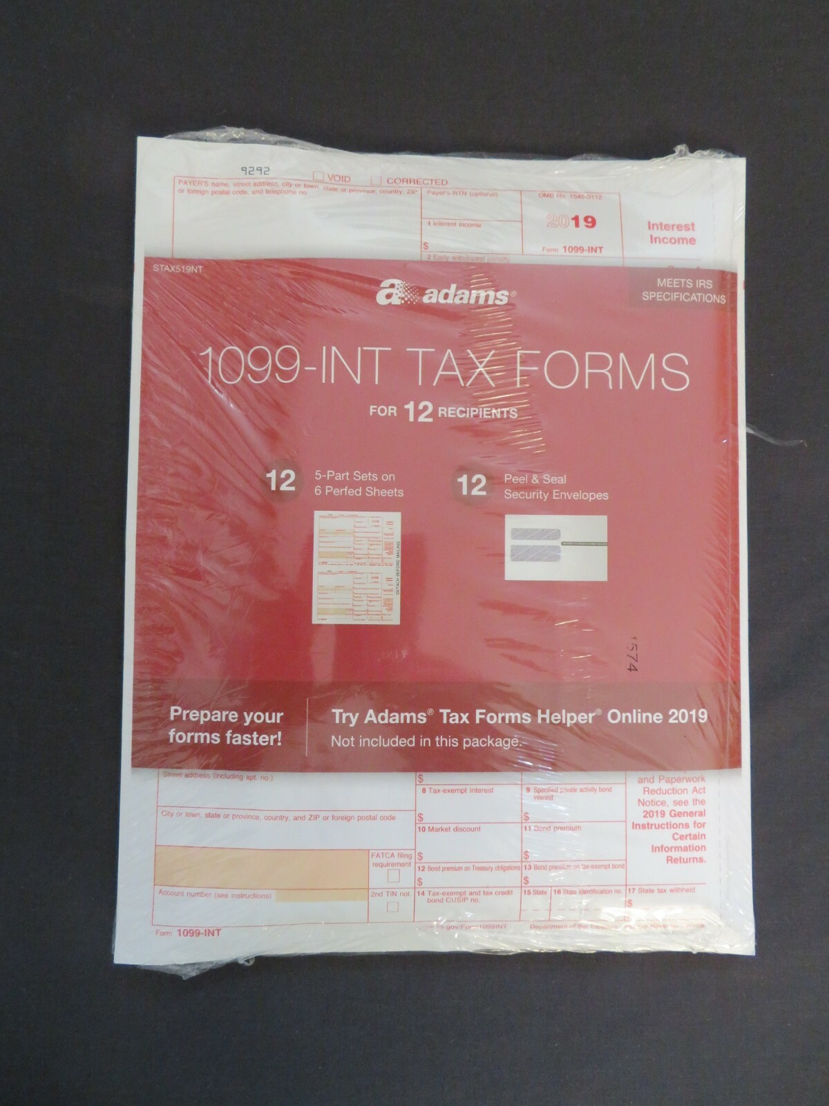 2019 Adams 1099-INT Tax Kit 12 5-Part Sets & 12 Peel & Seal Security Envelopes